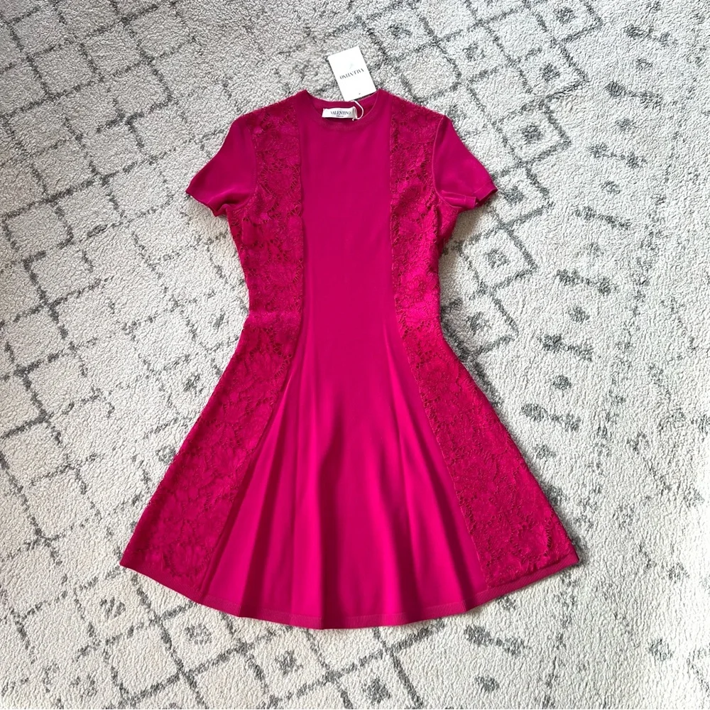 Valentino Brand New Pink Fuchsia Lace Panel Knit Stretch Dress - Picture 1 of 8
